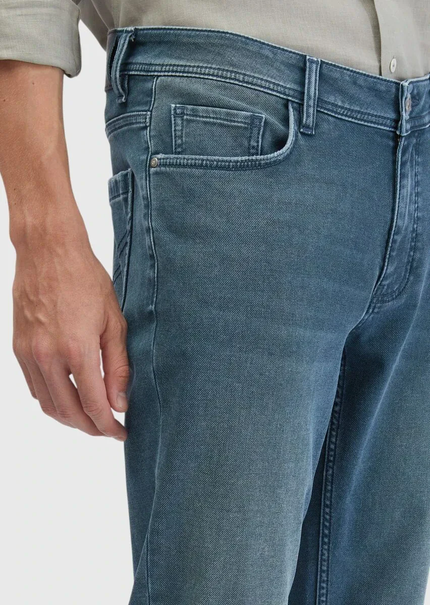 Blue Slim Fit Denim Cotton Blended Trousers - 3
