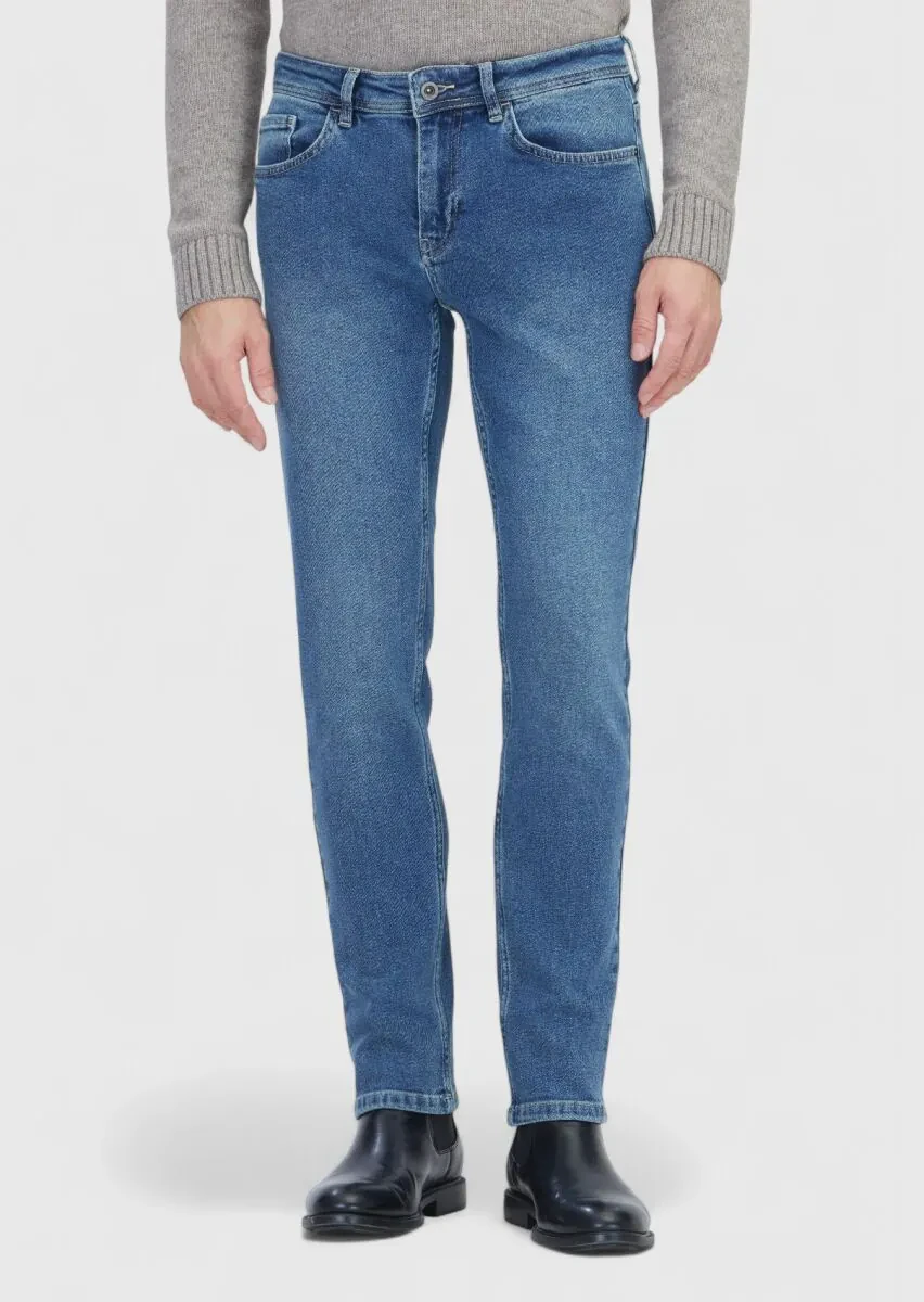 Blue Slim Fit Denim Cotton Blended Trousers - 2