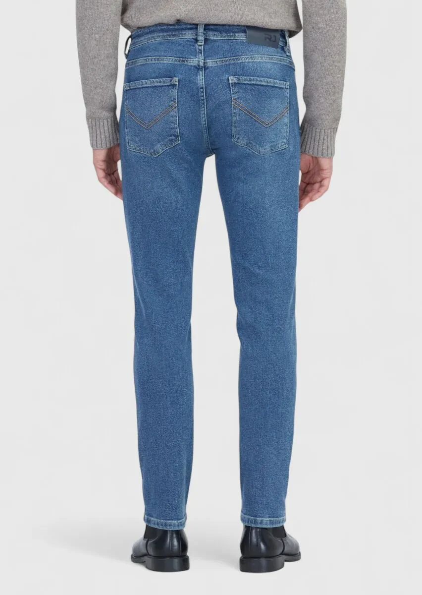 Blue Slim Fit Denim Cotton Blended Trousers - 6