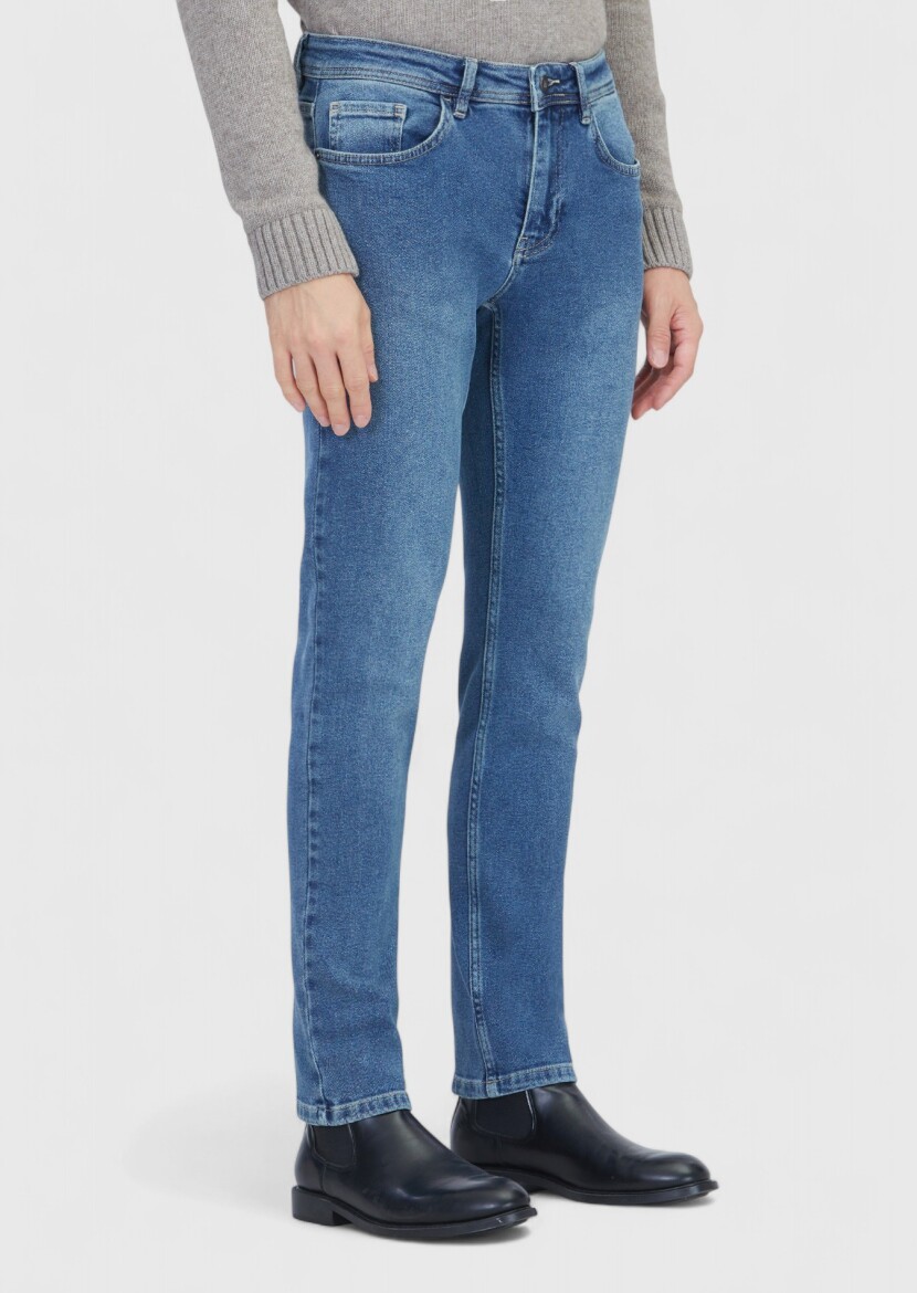 Blue Slim Fit Denim Cotton Blended Trousers - 3