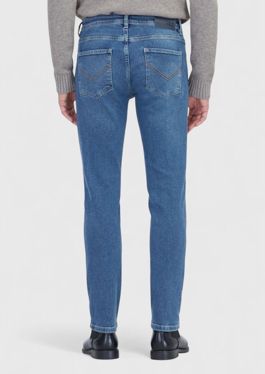 Blue Slim Fit Denim Cotton Blended Trousers - 6