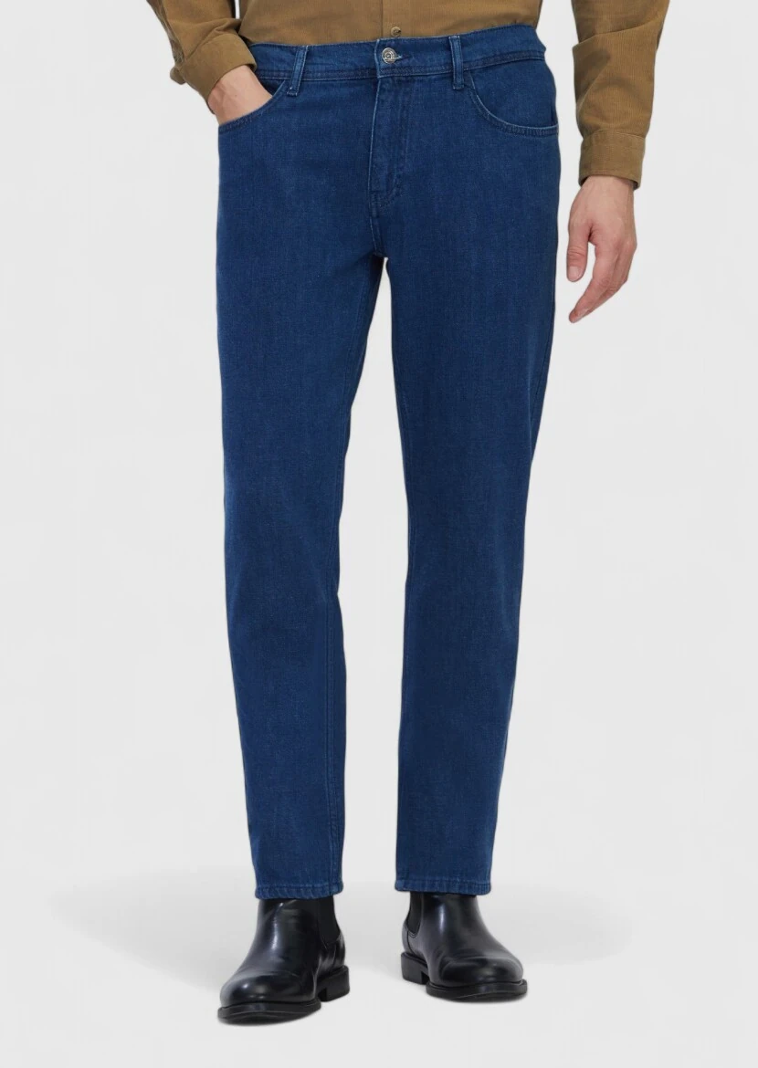 Blue Slim Fit Denim Cotton Blended Trousers - 2
