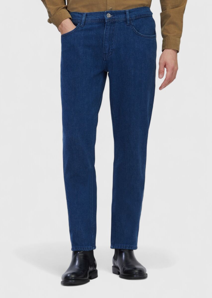 Blue Slim Fit Denim Cotton Blended Trousers - 2