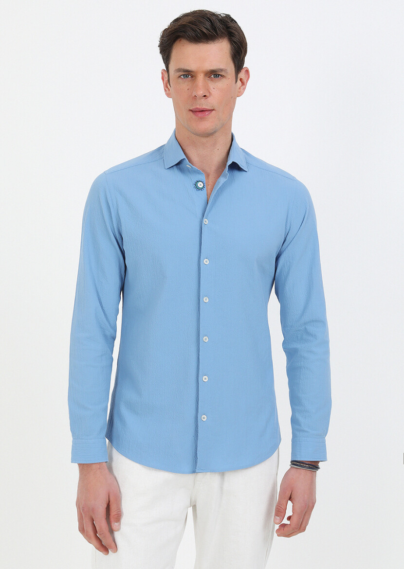 Blue Slim Fit Long Weaving Casual Cotton Blended Shirt - 1