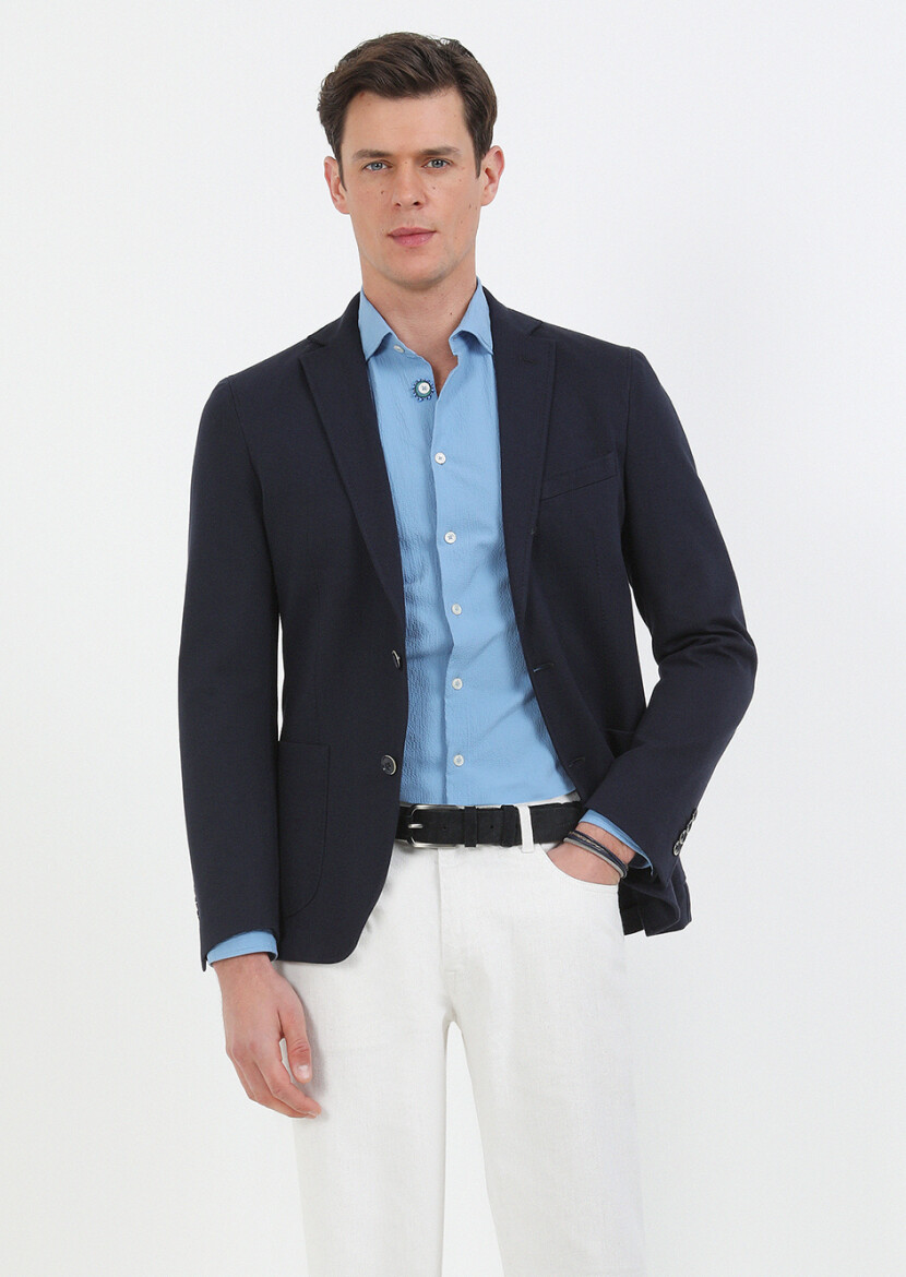 Blue Slim Fit Long Weaving Casual Cotton Blended Shirt - 3