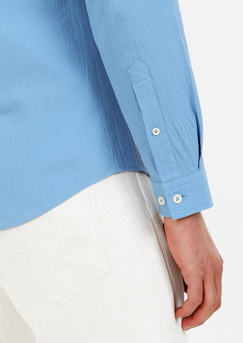 Blue Slim Fit Long Weaving Casual Cotton Blended Shirt - 4