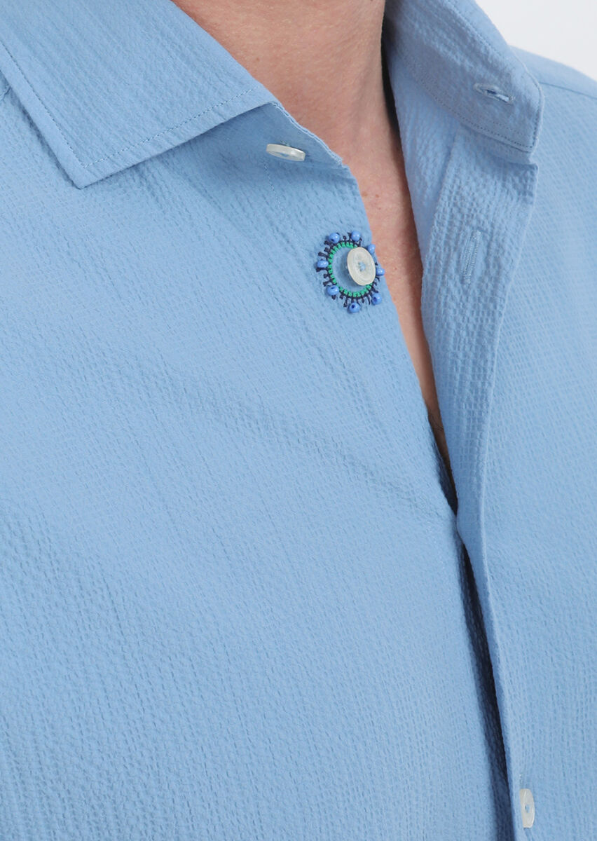 Blue Slim Fit Long Weaving Casual Cotton Blended Shirt - 5