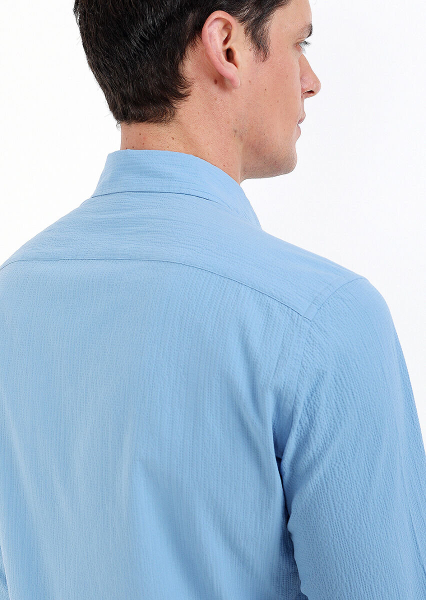 Blue Slim Fit Long Weaving Casual Cotton Blended Shirt - 7