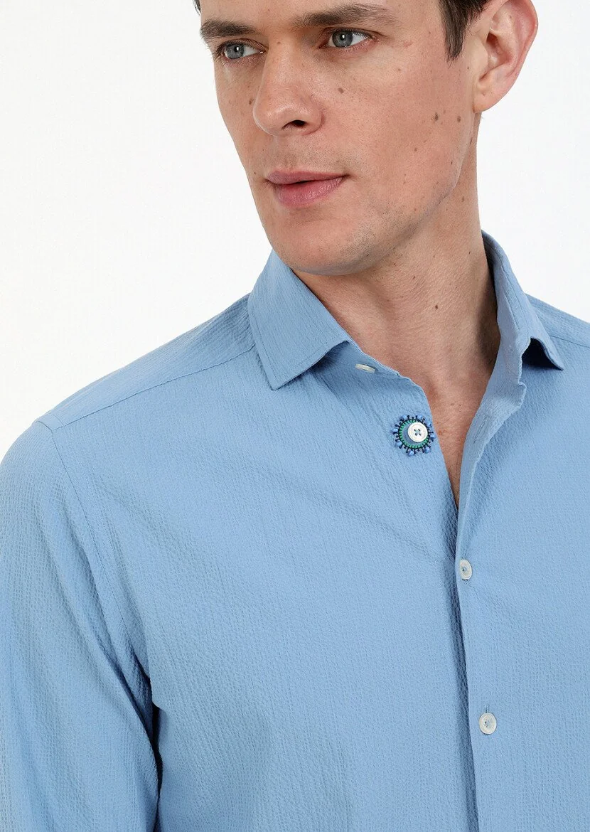 Blue Slim Fit Weaving Casual Cotton Blended Shirt 