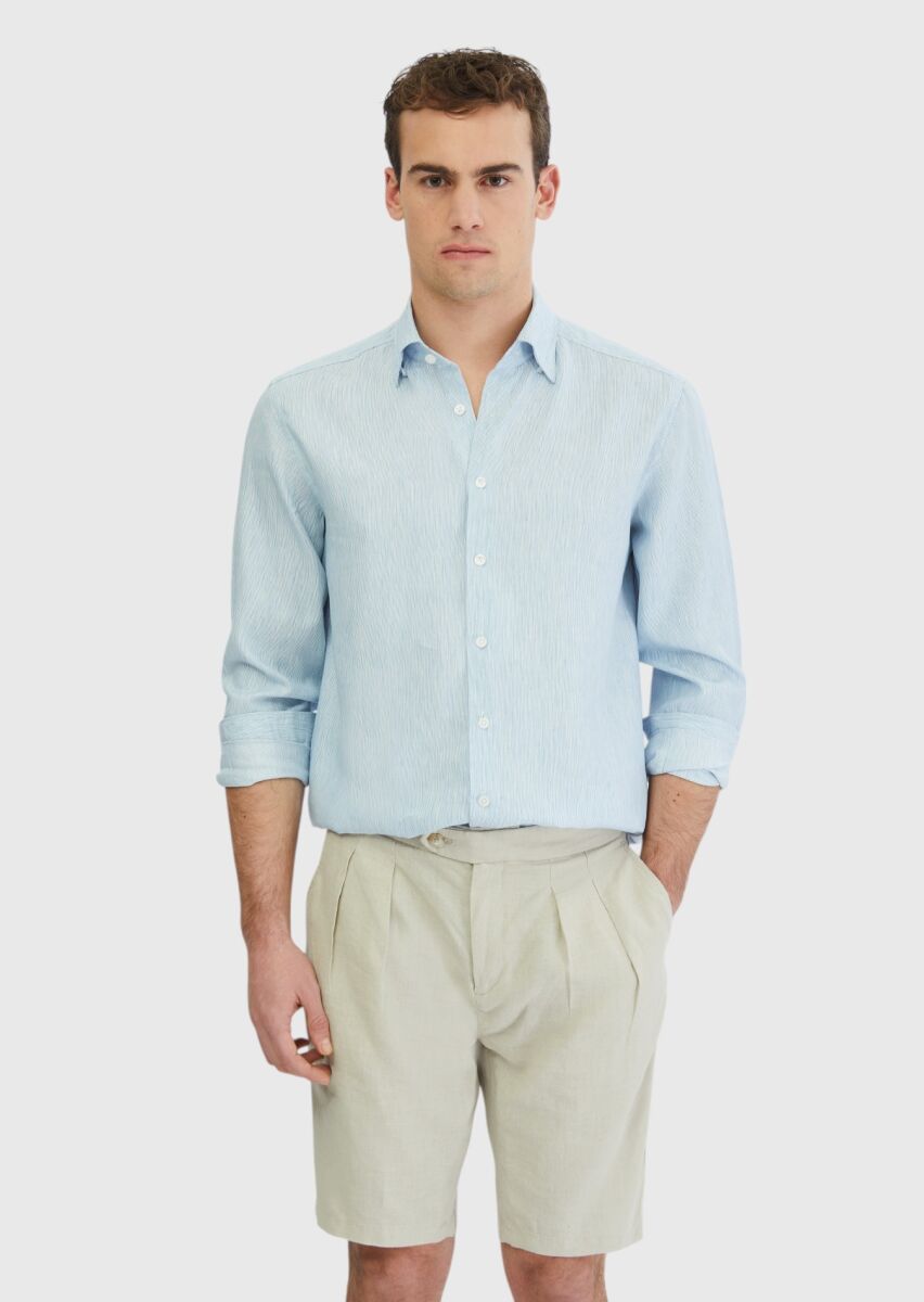 Blue Striped Casual Fit Long Weaving Casual Cotton Blended Shirt - 1