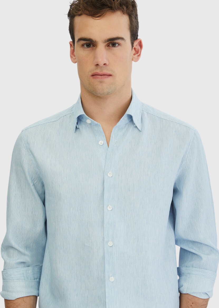 Blue Striped Casual Fit Long Weaving Casual Cotton Blended Shirt - 4