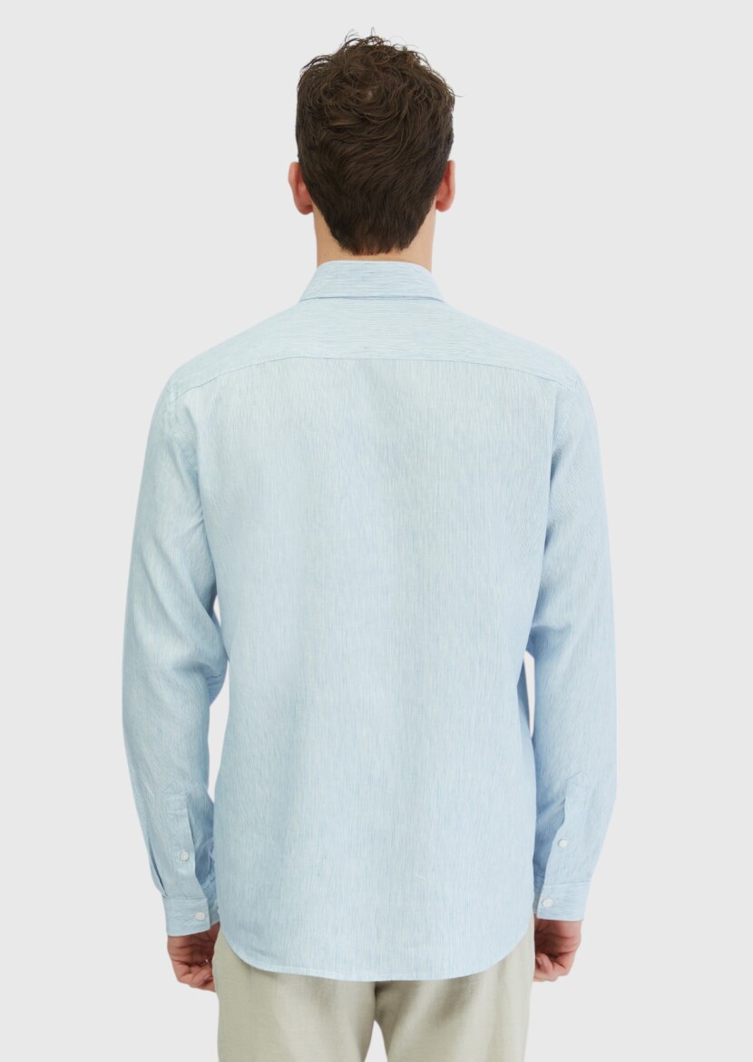 Blue Striped Casual Fit Long Weaving Casual Cotton Blended Shirt - 6