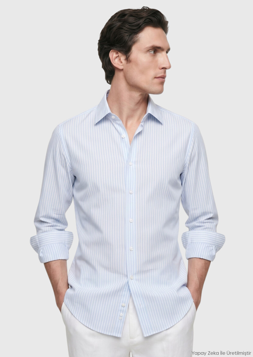 Blue Striped Casual Fit Long Weaving Casual Cotton Blended Shirt - RAMSEY