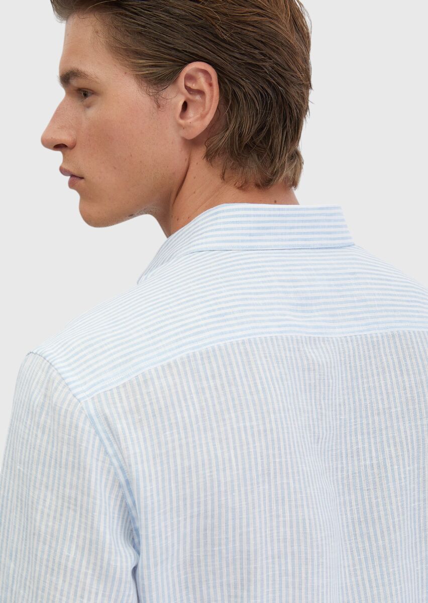 Blue Striped Casual Fit Weaving Casual 100% Linen Shirt - 4