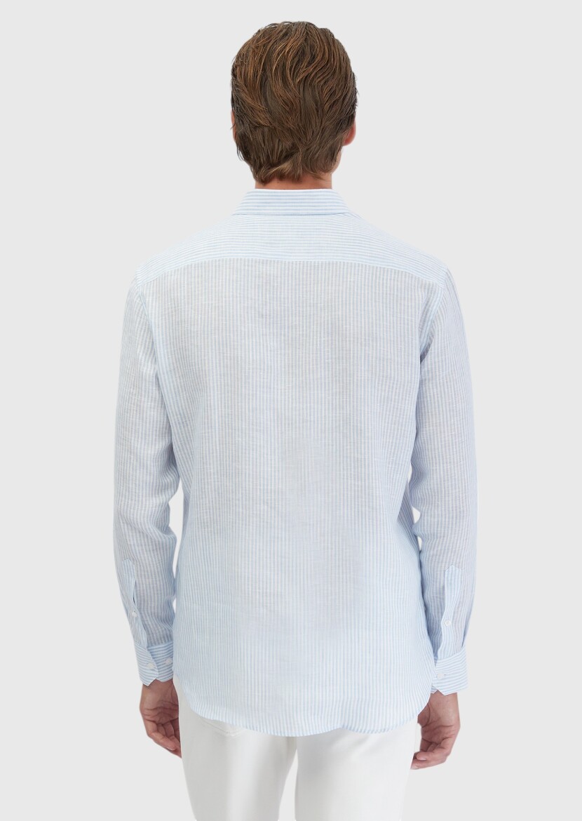Blue Striped Casual Fit Weaving Casual 100% Linen Shirt - 5