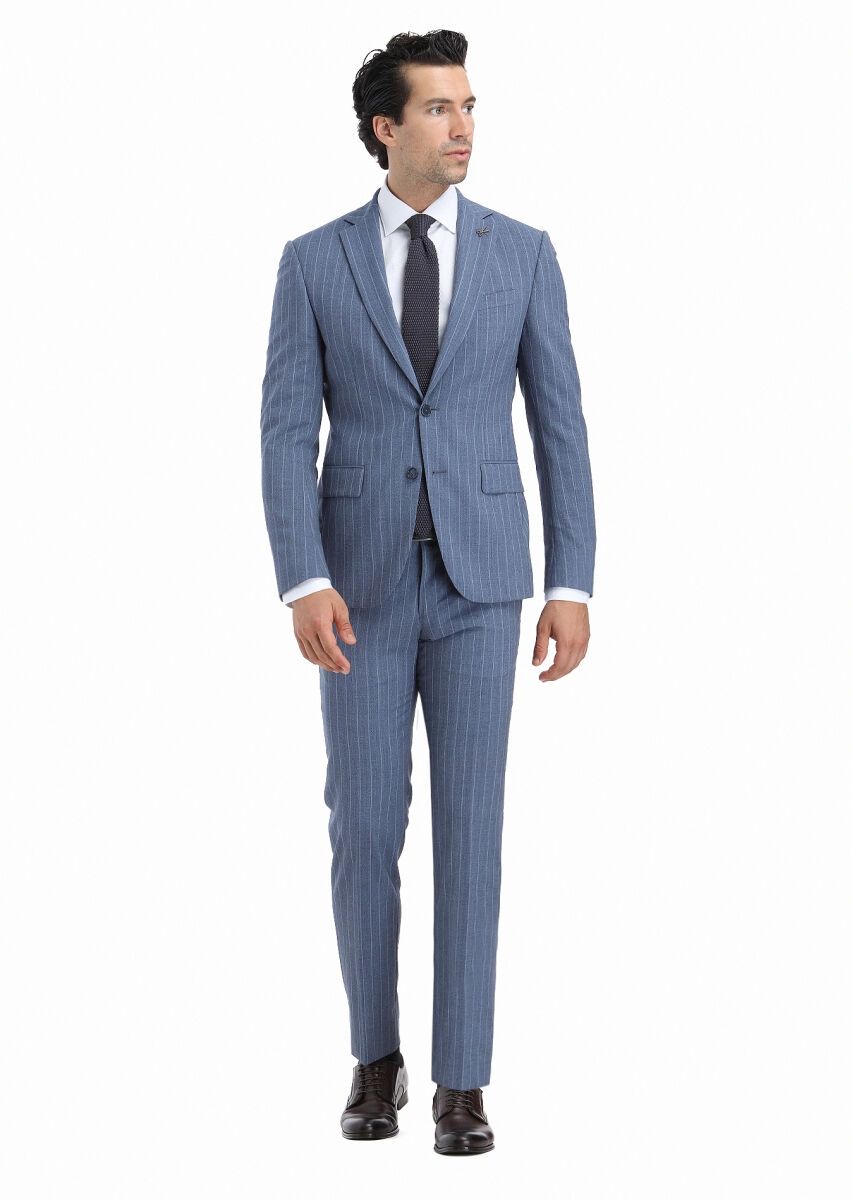 Blue Striped Modern Fit 100% Wool Suit - 1