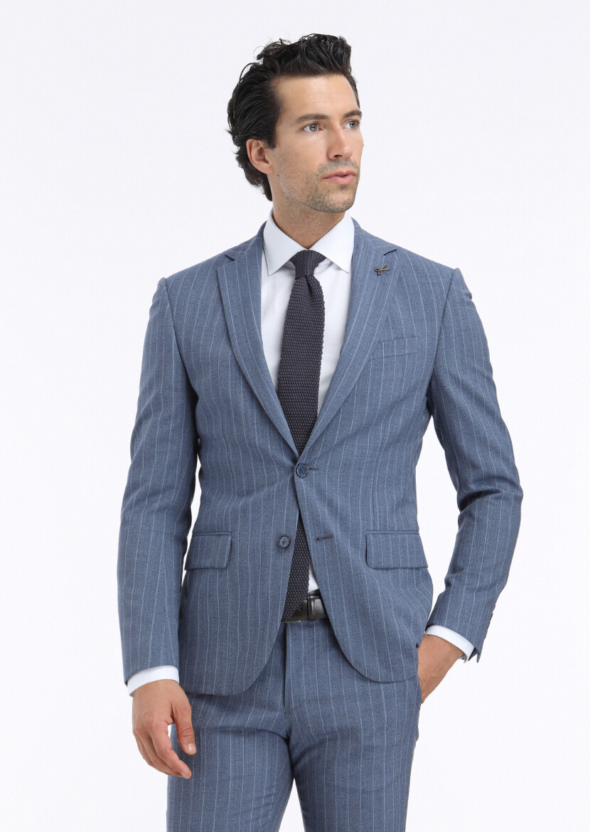 Blue Striped Modern Fit 100% Wool Suit - 2
