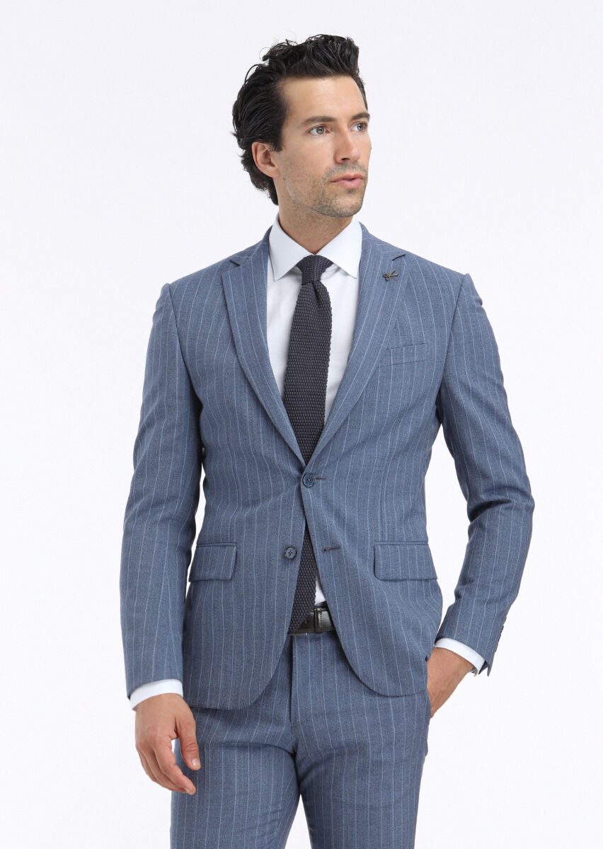 Blue Striped Modern Fit 100% Wool Suit - 2