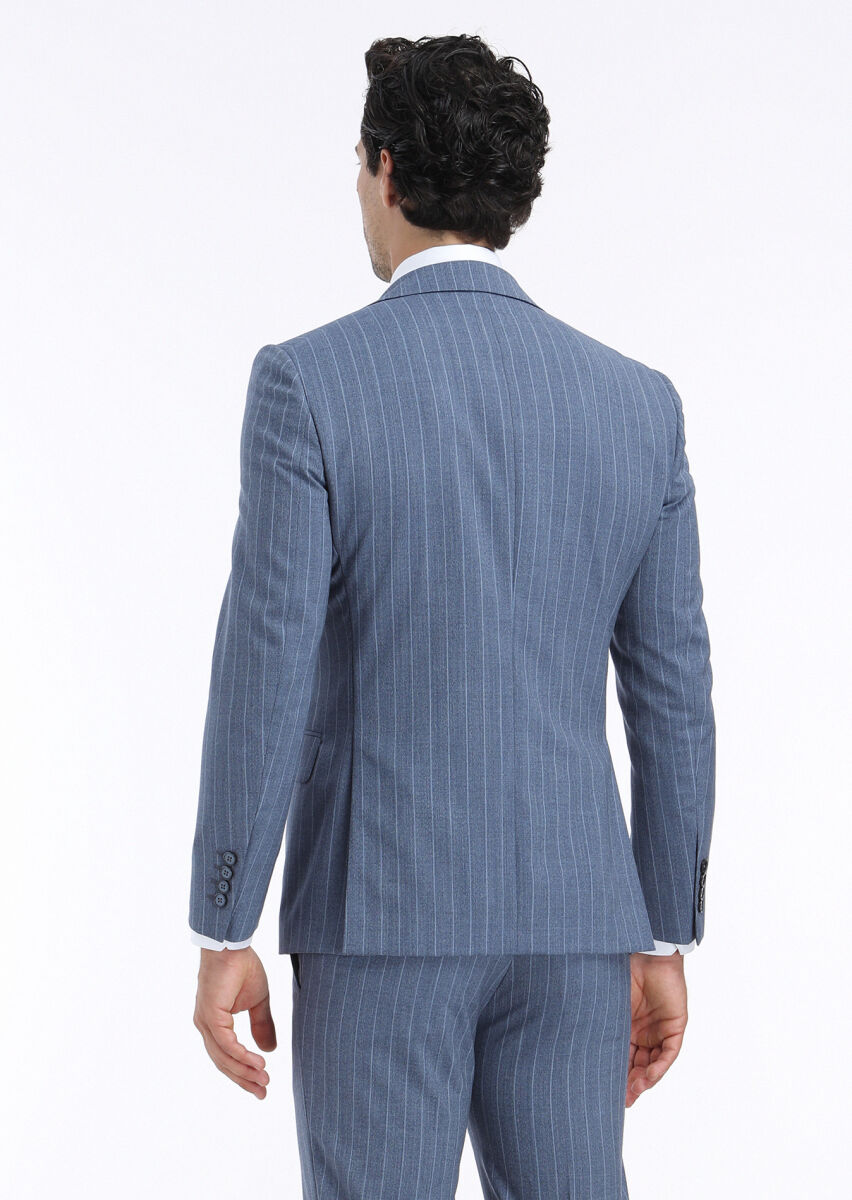 Blue Striped Modern Fit 100% Wool Suit - 5