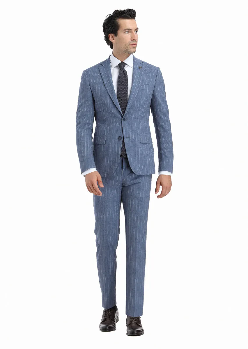 Blue Striped Modern Fit 100% Wool Suit - 1