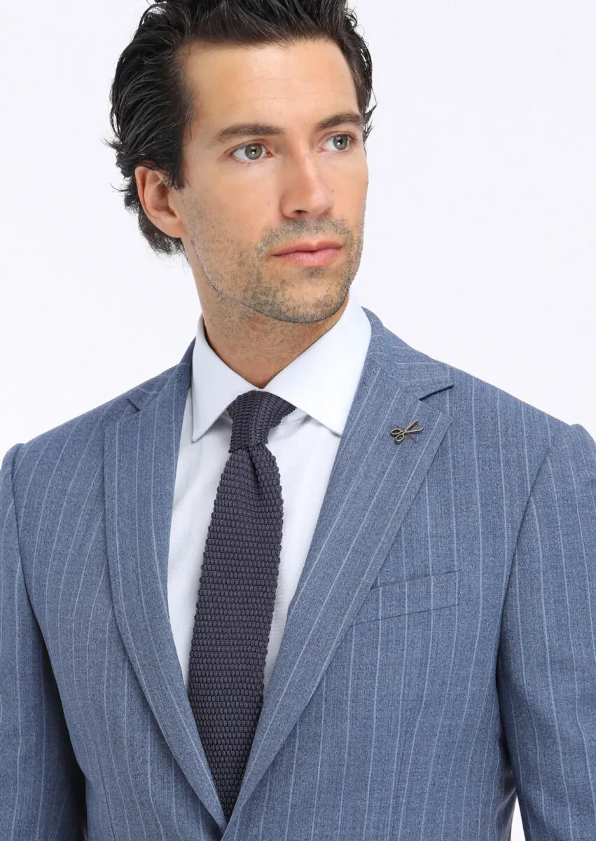 Blue Striped Modern Fit 100% Wool Suit - 3