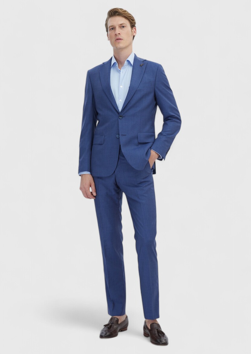 Blue Striped Modern Fit 100% Wool Suit 