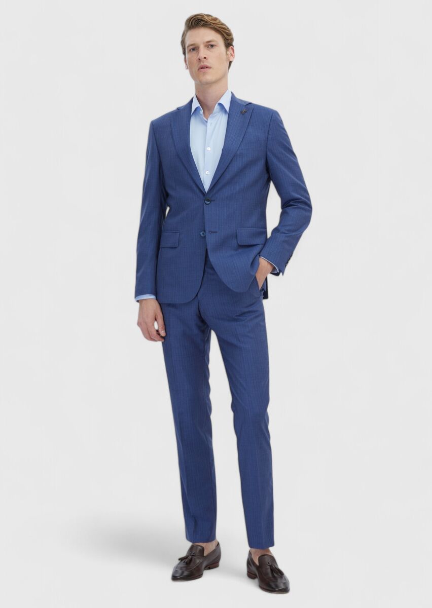 Blue Striped Modern Fit 100% Wool Suit - 2