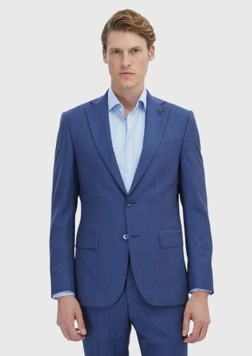 Blue Striped Modern Fit 100% Wool Suit - 1