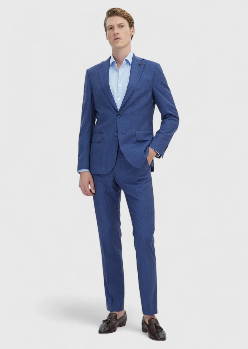 Blue Striped Modern Fit 100% Wool Suit - 2