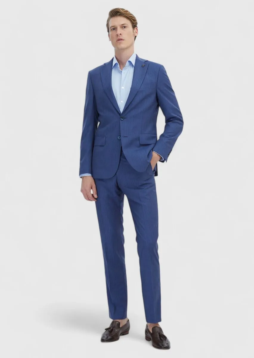 Blue Striped Modern Fit 100% Wool Suit - 2