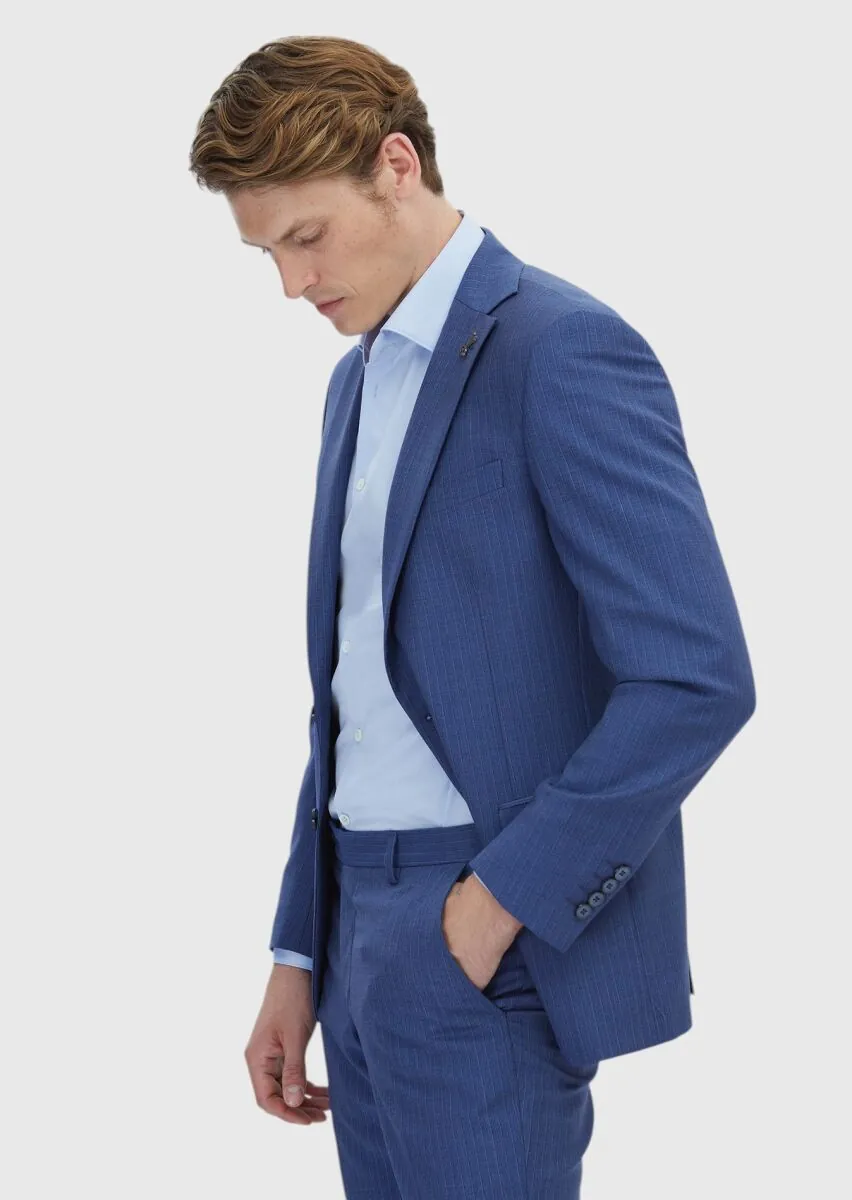 Blue Striped Modern Fit 100% Wool Suit - 3