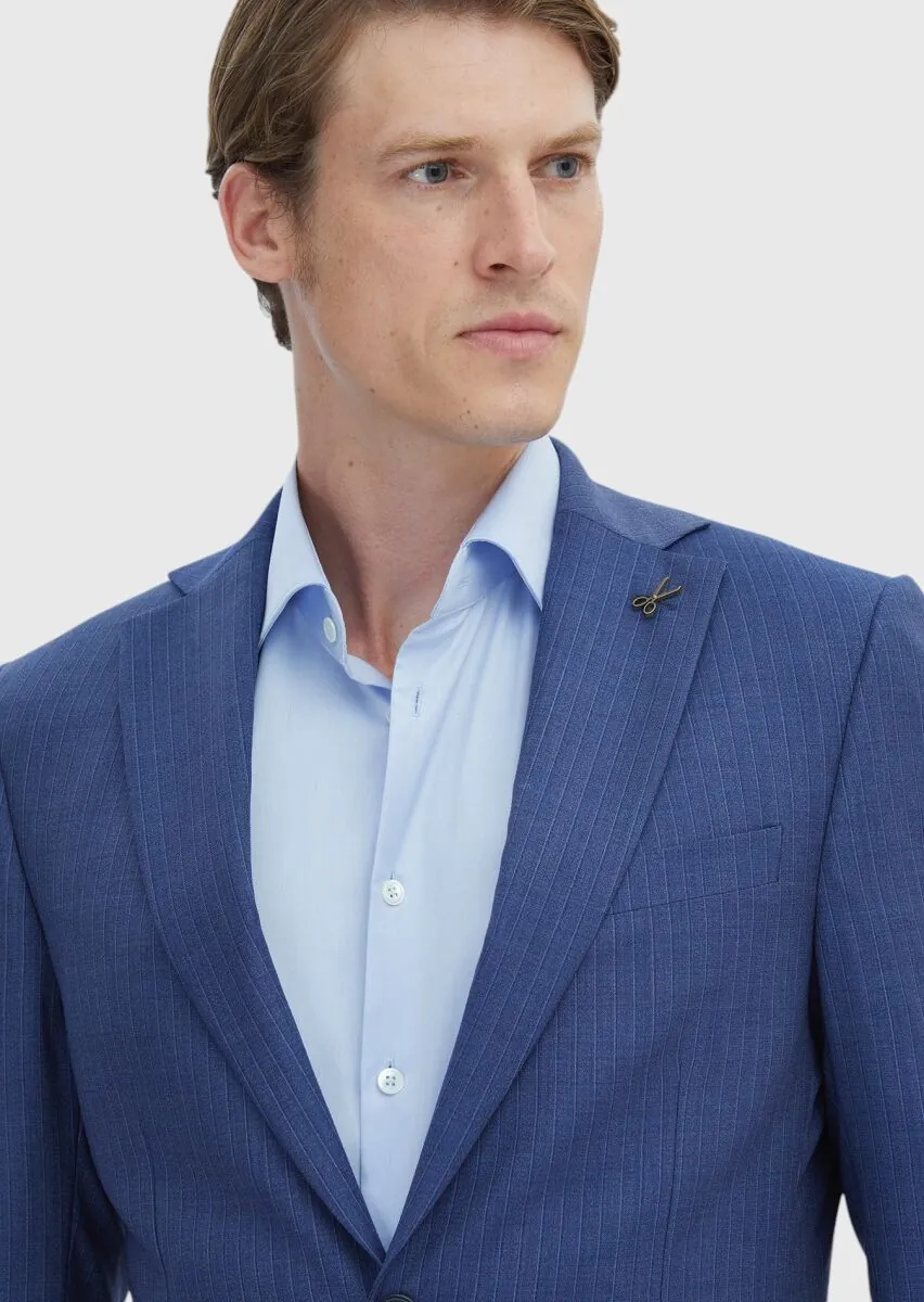 Blue Striped Modern Fit 100% Wool Suit - 4