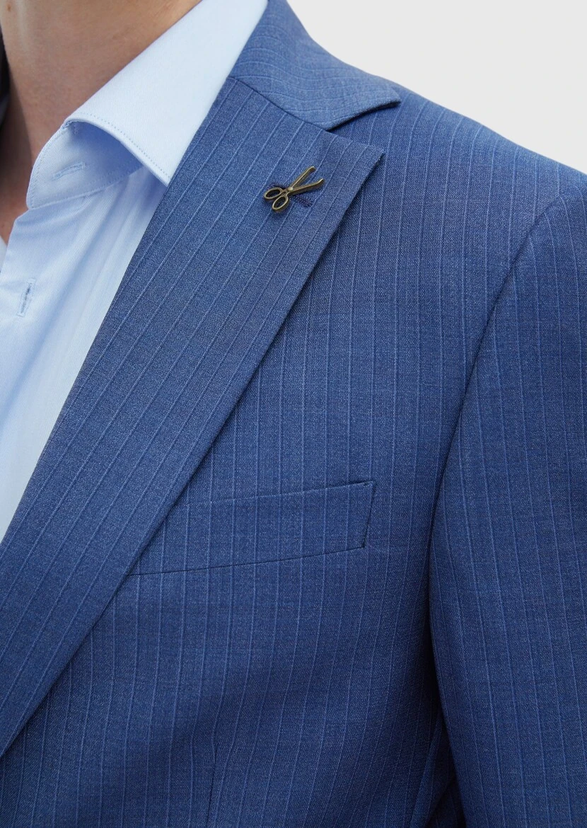 Blue Striped Modern Fit 100% Wool Suit - 5