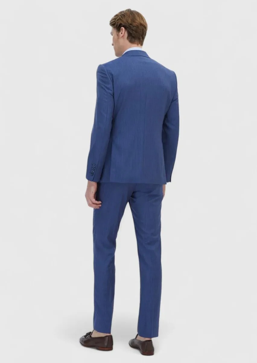 Blue Striped Modern Fit 100% Wool Suit - 6