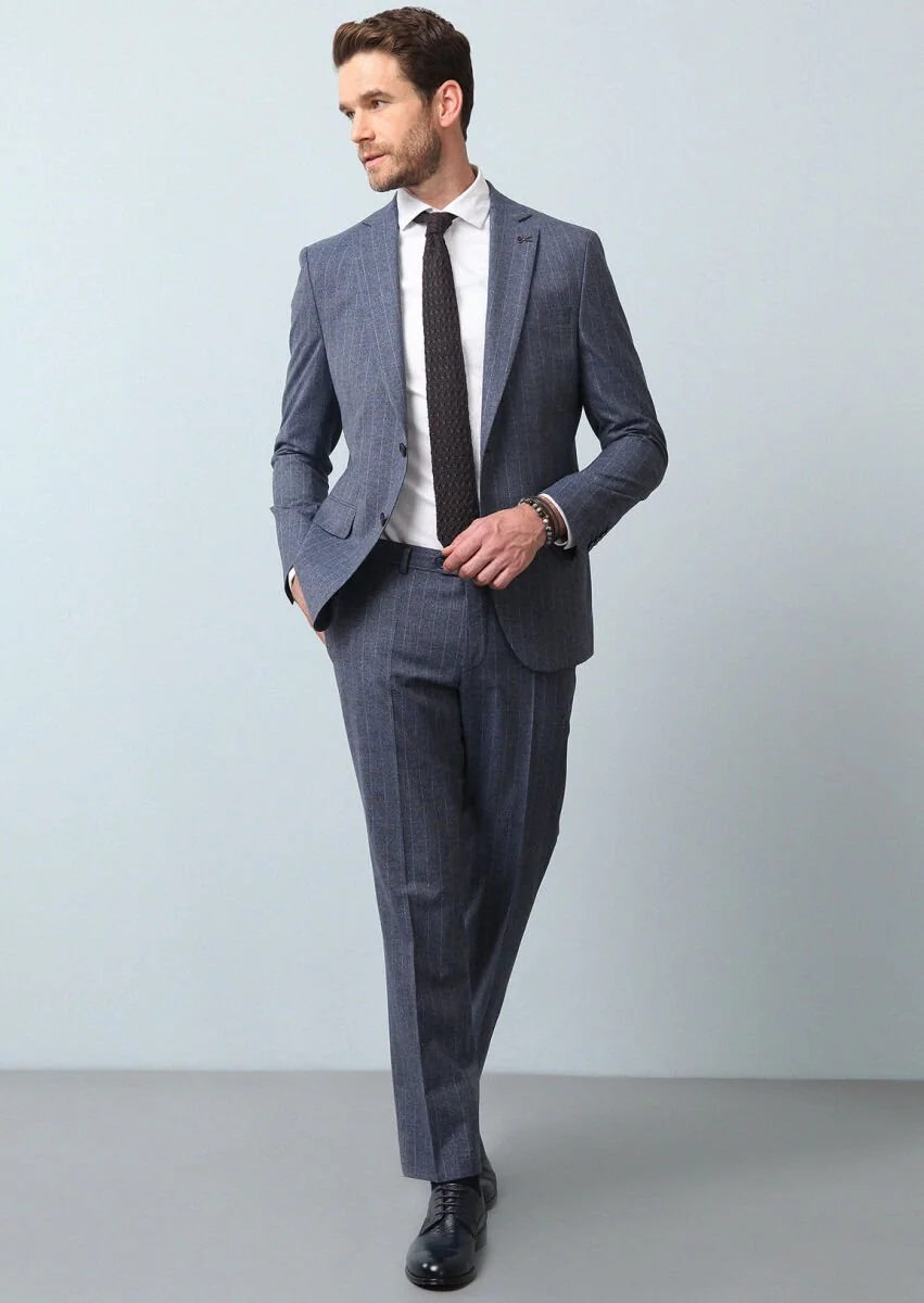 Blue Striped Modern Fit Wool Blended Suit - 1