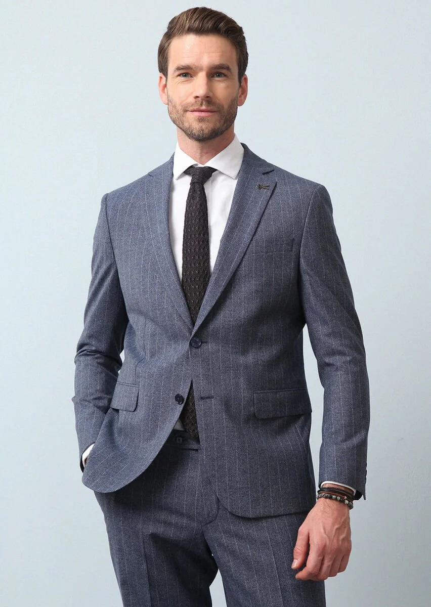 Blue Striped Modern Fit Wool Blended Suit - 2