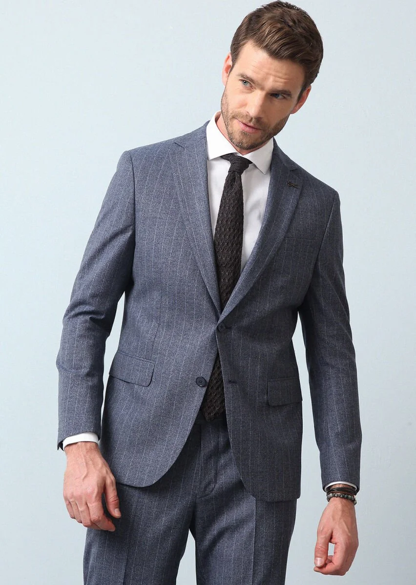 Blue Striped Modern Fit Wool Blended Suit - 4