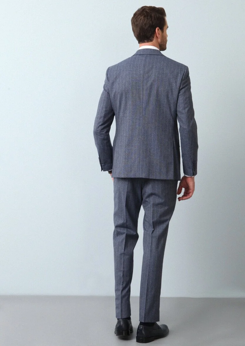Blue Striped Modern Fit Wool Blended Suit - 5