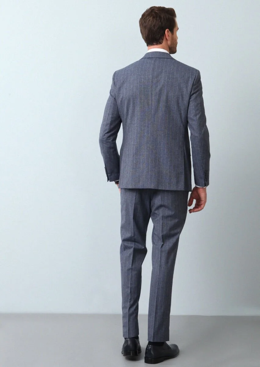 Blue Striped Modern Fit Wool Blended Suit - 5