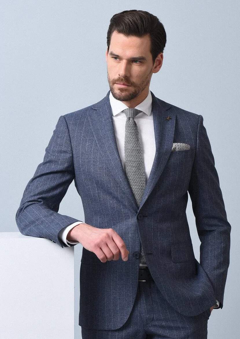 Blue Striped Modern Fit Wool Blended Suit - 1