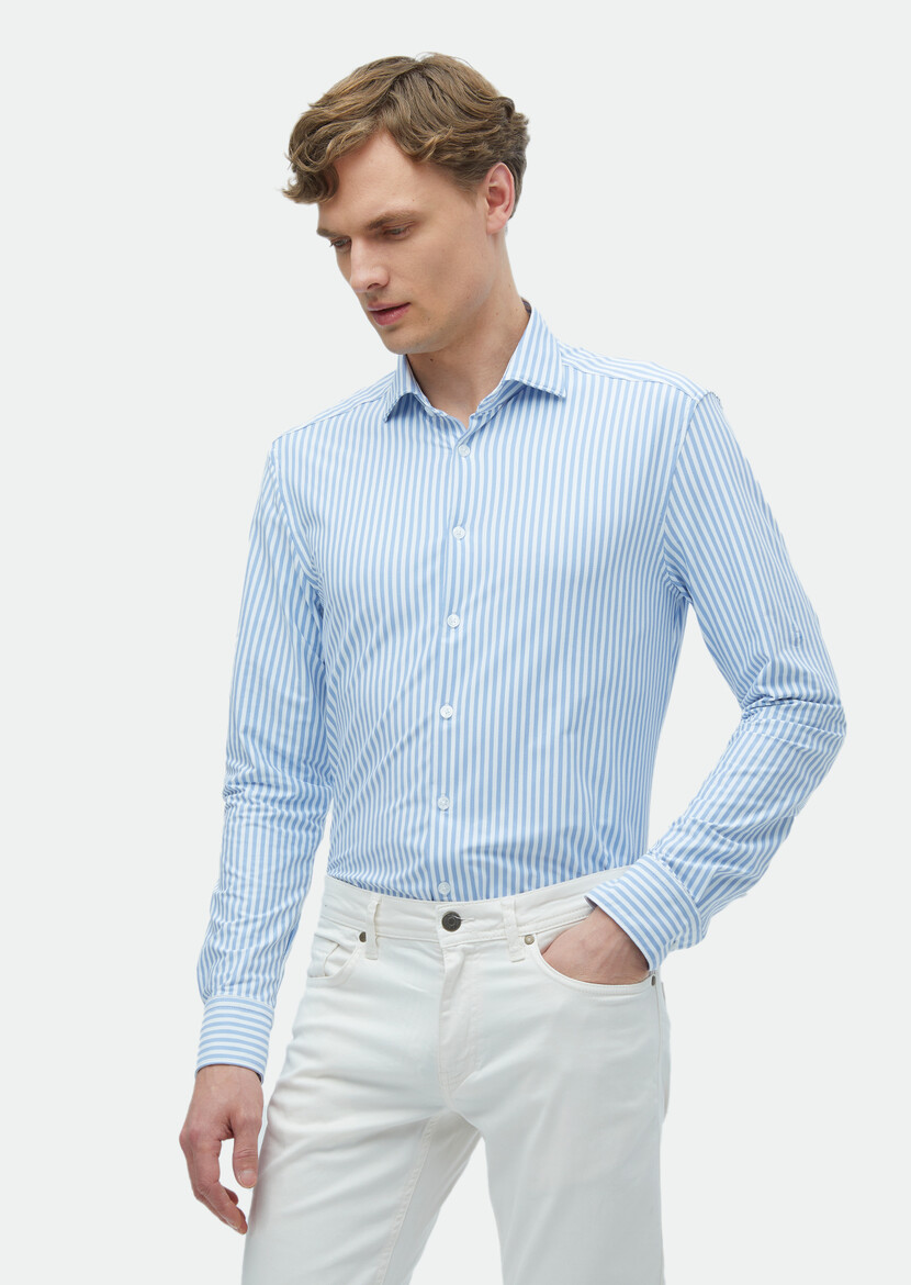 Blue Striped Regular Fit Knitting Classical Shirt - 1