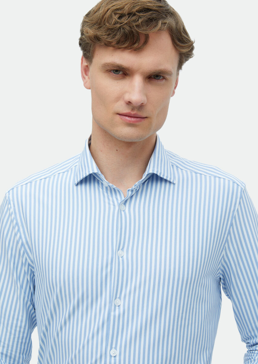 Blue Striped Regular Fit Knitting Classical Shirt - 3