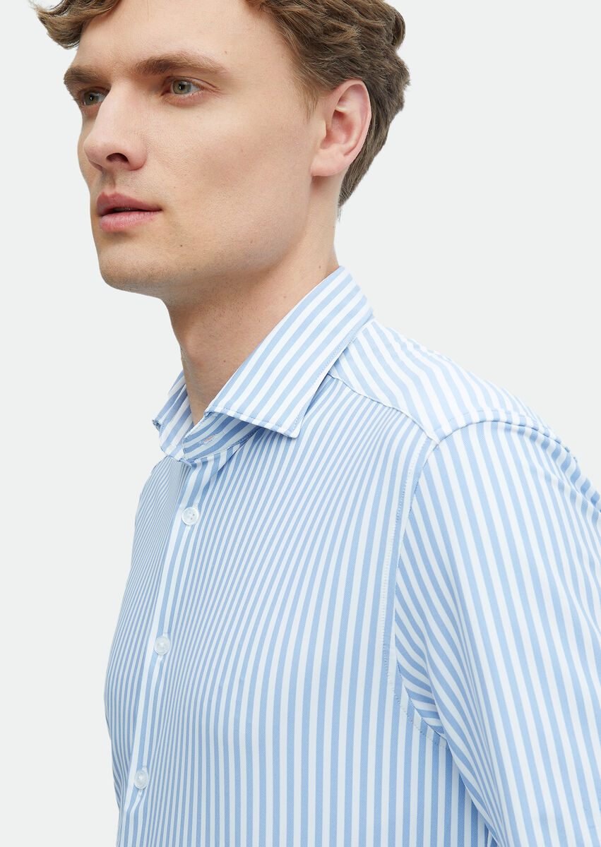 Blue Striped Regular Fit Knitting Classical Shirt - 5