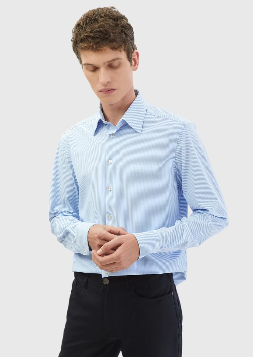 Blue Striped Regular Fit Knitting Classical Shirt - RAMSEY