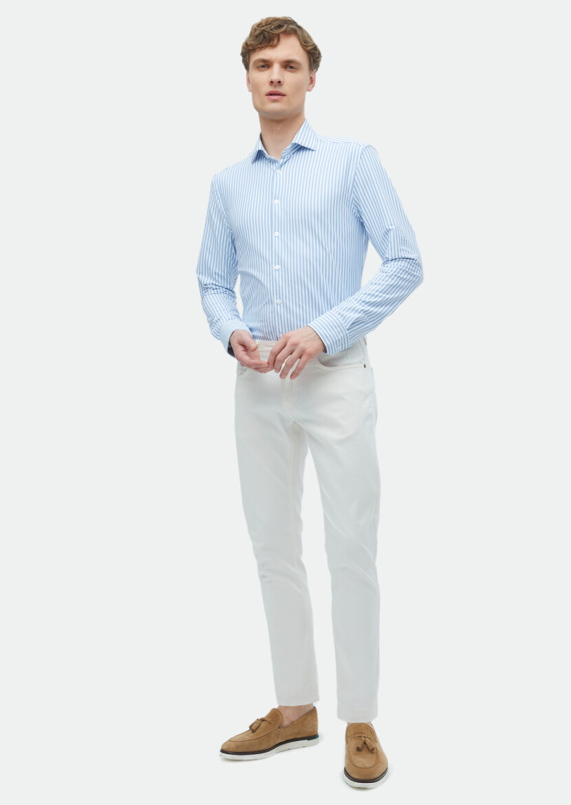 Blue Striped Regular Fit Long Knitting Classical Shirt - RAMSEY
