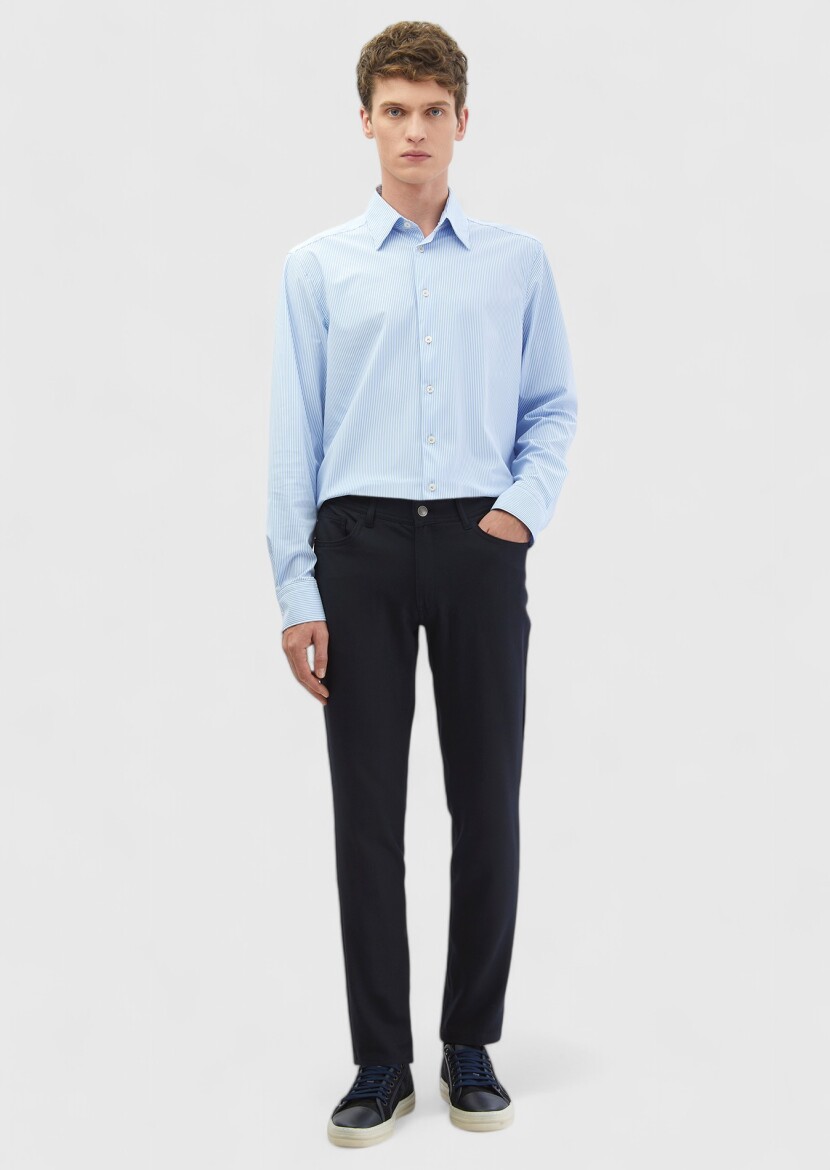 Blue Striped Regular Fit Long Knitting Classical Shirt - 2