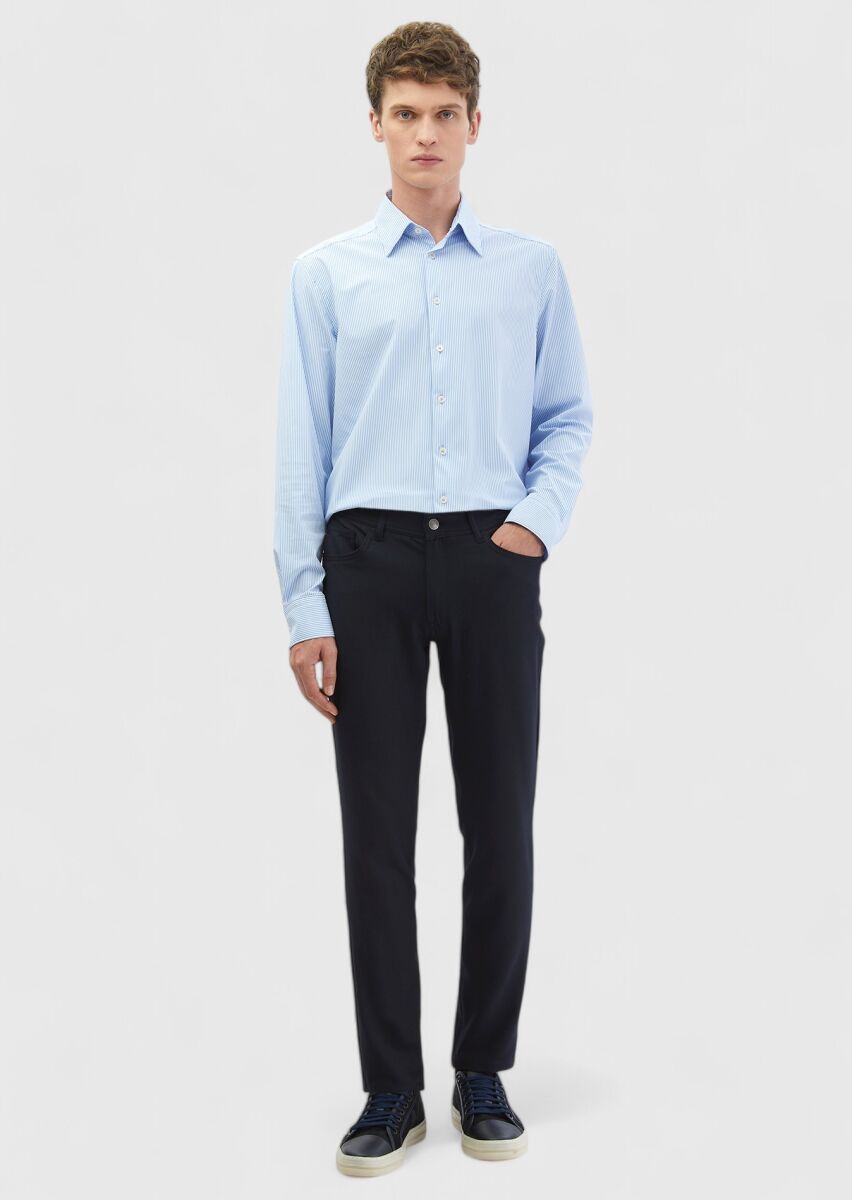 Blue Striped Regular Fit Long Knitting Classical Shirt - 2