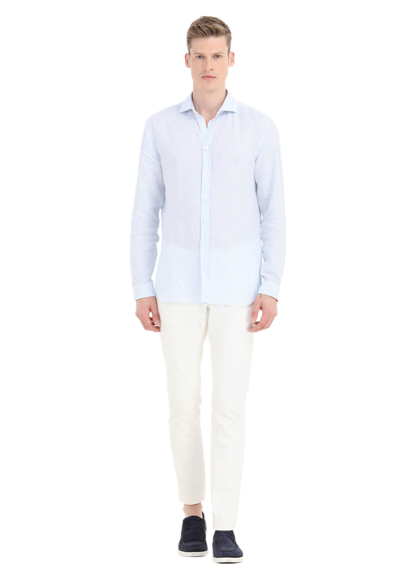 Blue Striped Regular Fit Long Weaving Casual 100% Linen Shirt - 1