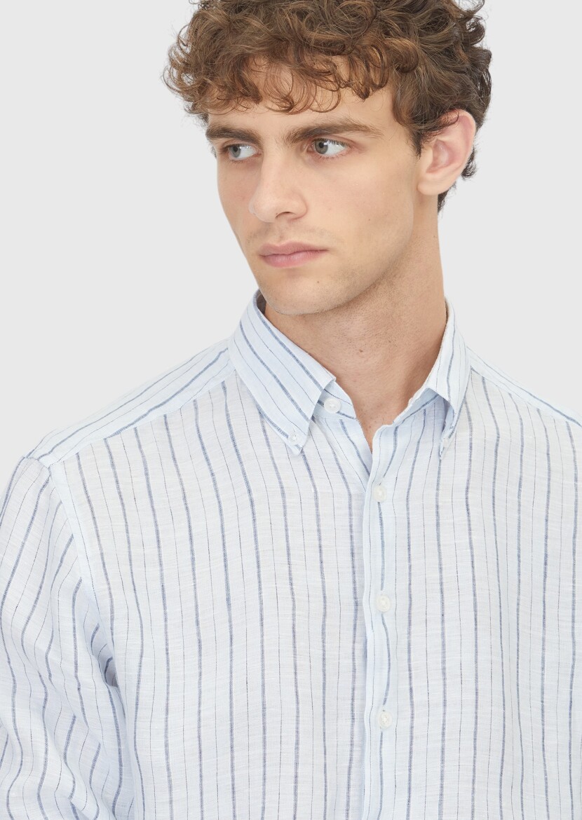 Blue Striped Regular Fit Long Weaving Casual 100% Linen Shirt - 3