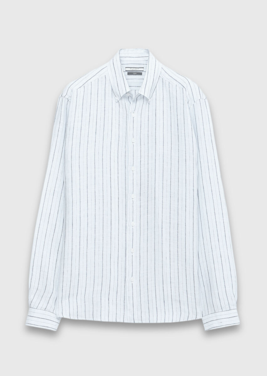 Blue Striped Regular Fit Long Weaving Casual 100% Linen Shirt - 6